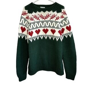 VTG Handmade Nordic Fair Isle Heart Sweater Large Cottage Chunky Knit Ski Scandi